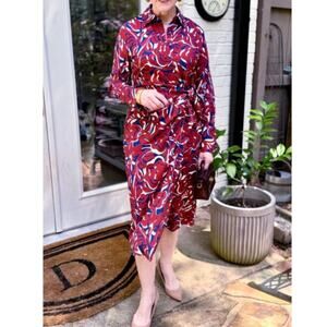J. McLaughlin Floral Long Sleeve Tie Knot Midi Shirt Dress Red Blue Womens XS